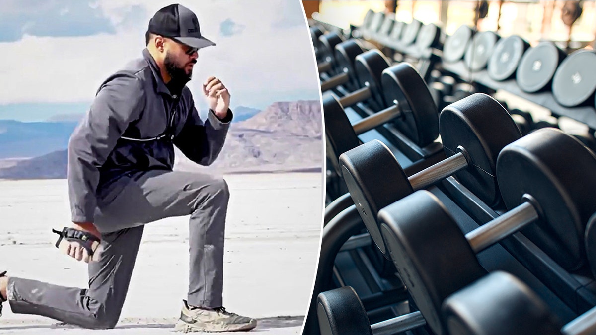 Split image showing a man doing lunges outdoors and a gym dumbbell rack.