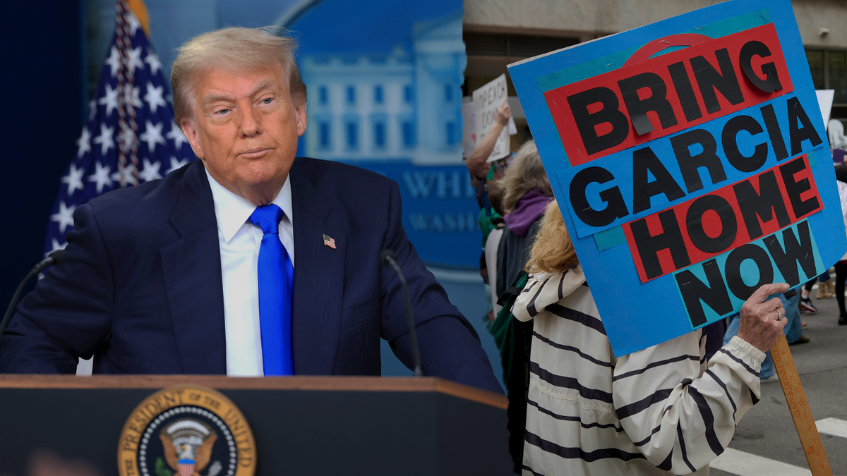 A split photo of President Donald Trump, left, and a protester, right, holding a sign urging the return of Kilmar Abrego Garcia, a Salvadorian migrant deported to his home country in March in violation of a court order. Trump officials said his deportation was an administrative error. (Images via Getty)