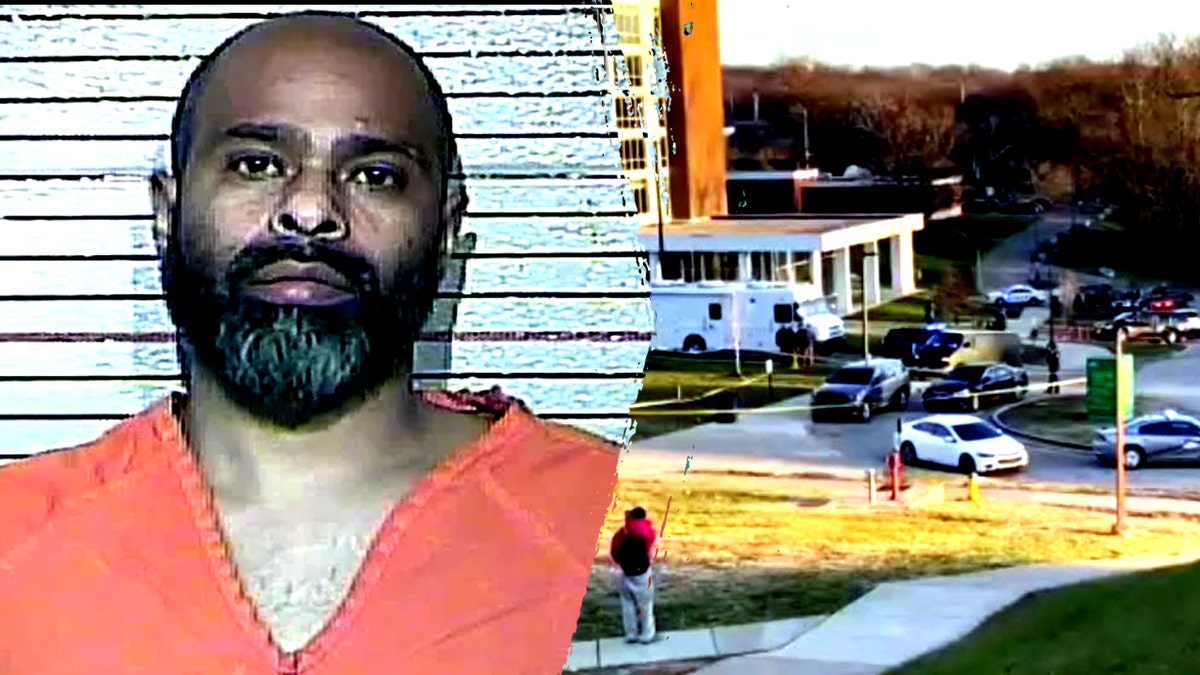 Jacob Lee Bard mugshot split with photo of emergency vehicles on campus